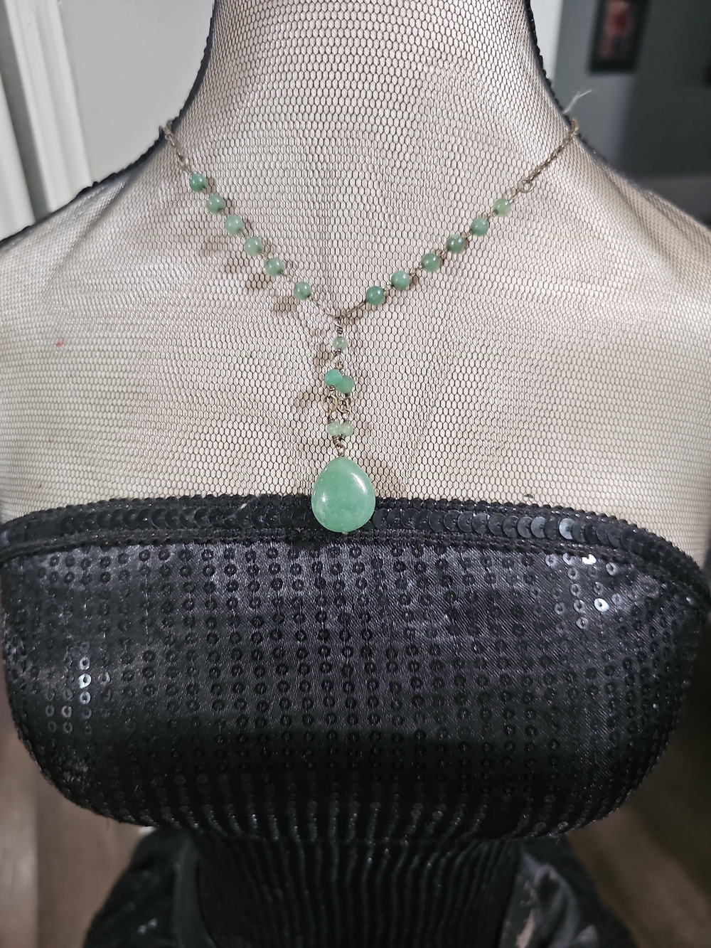 Green Teardrop Pendant Necklace - Very Old Vintage Handmade With Jade. 1940s
